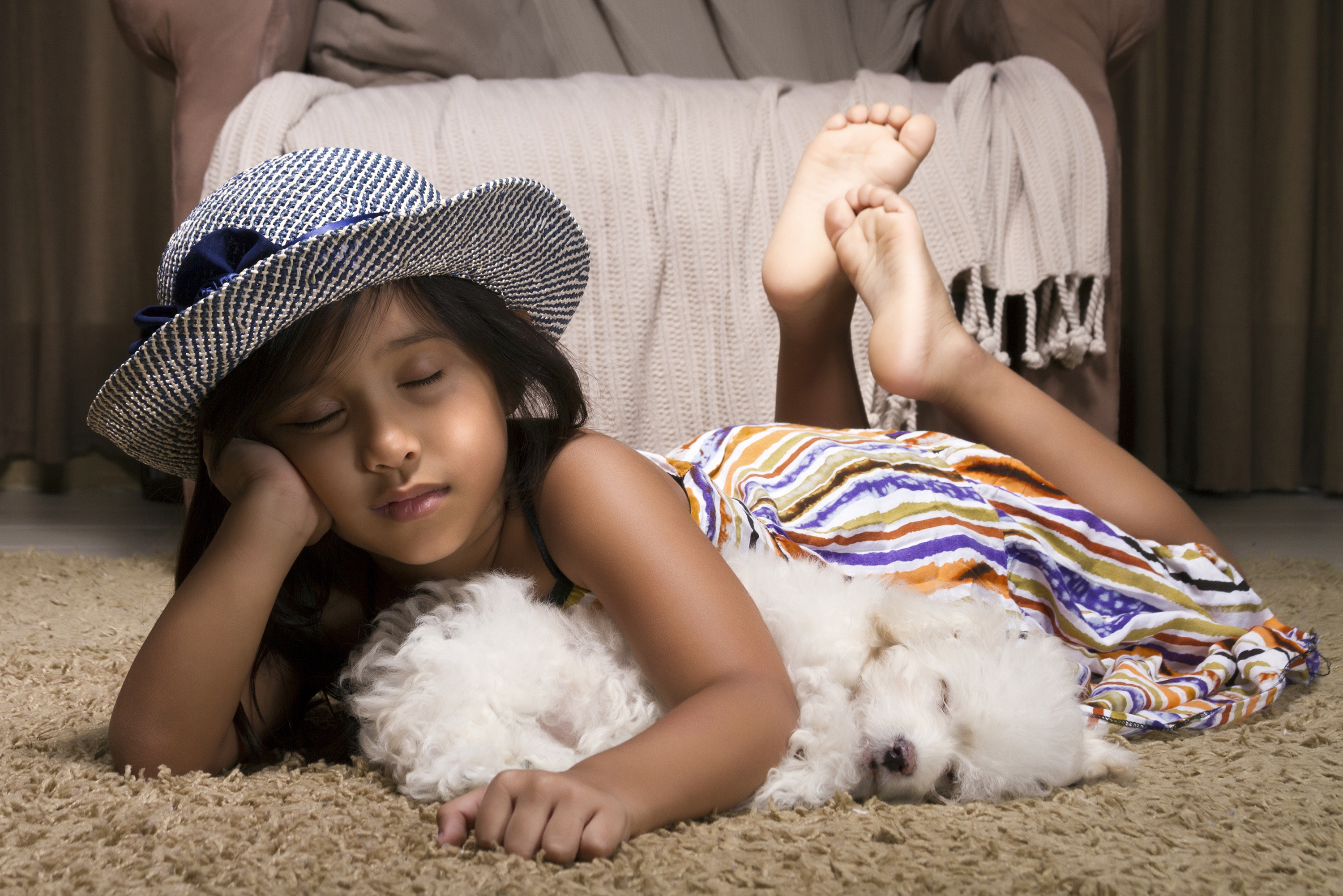 Stains removal service, Dog and girl on clean carpet